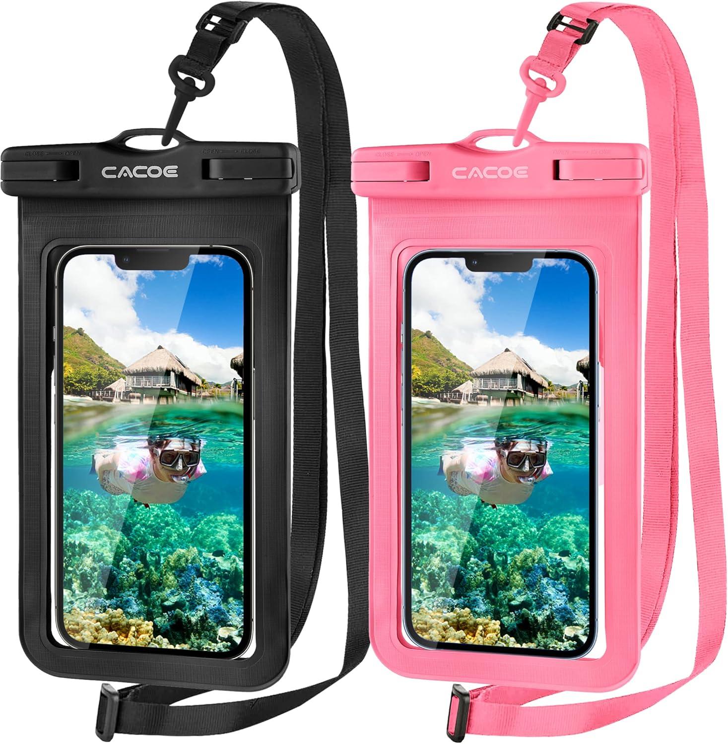 imageCACOE Floatable Floating Universal Waterproof Phone case 2 PackUp to 70quotPhone Pouch with Adjustable Neck LanyardIPX8 Cellphone Dry Bags for Beach Pool SwimmingBlackBlackBlackPink