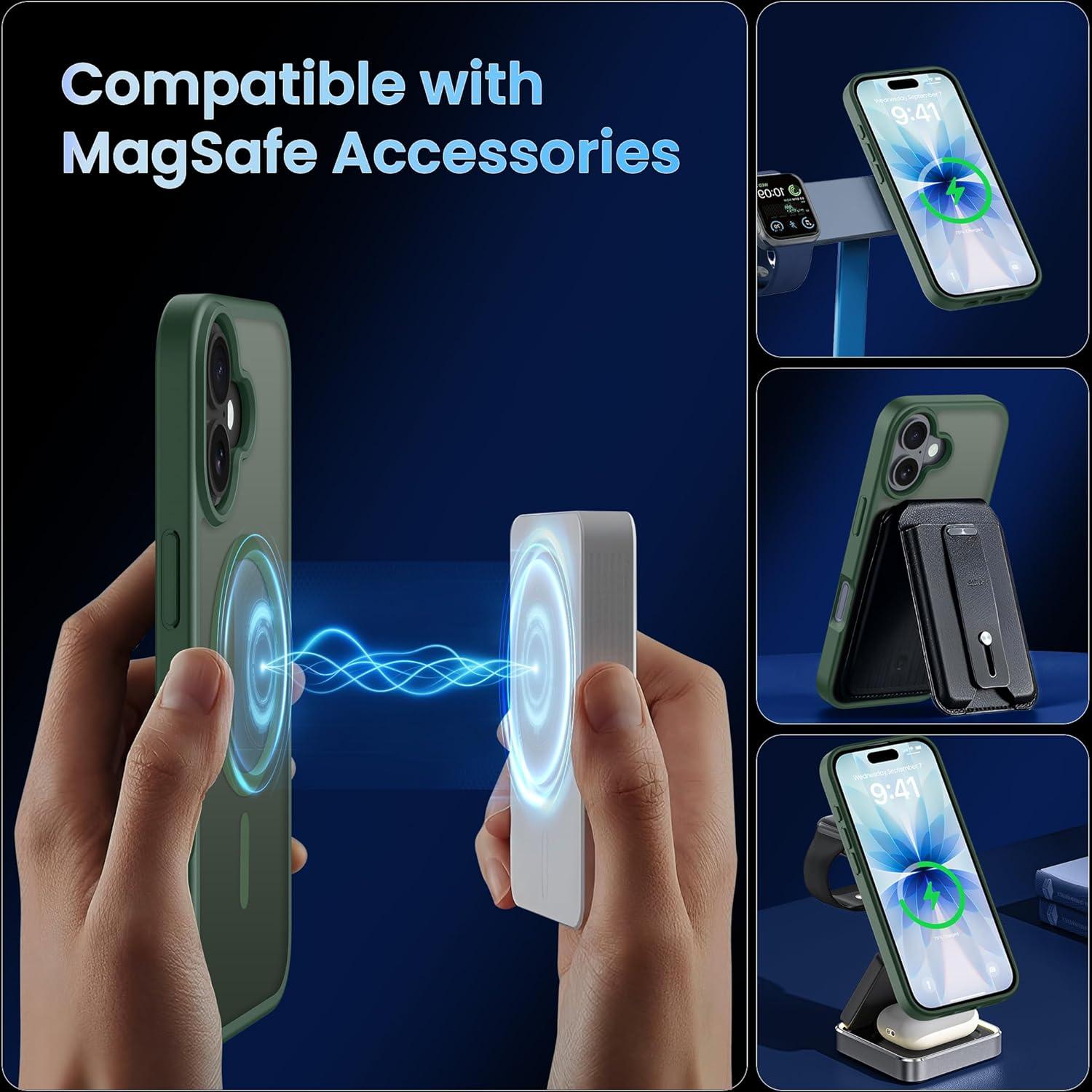 imageCACOE Magnetic Case for iPhone 16 61 inch Compatible with MagSafe Thin Slim Fit AntiFingerprint Shockproof Bumper TPU Protective Cover for Women Men GirlsMatte BlackDark Green