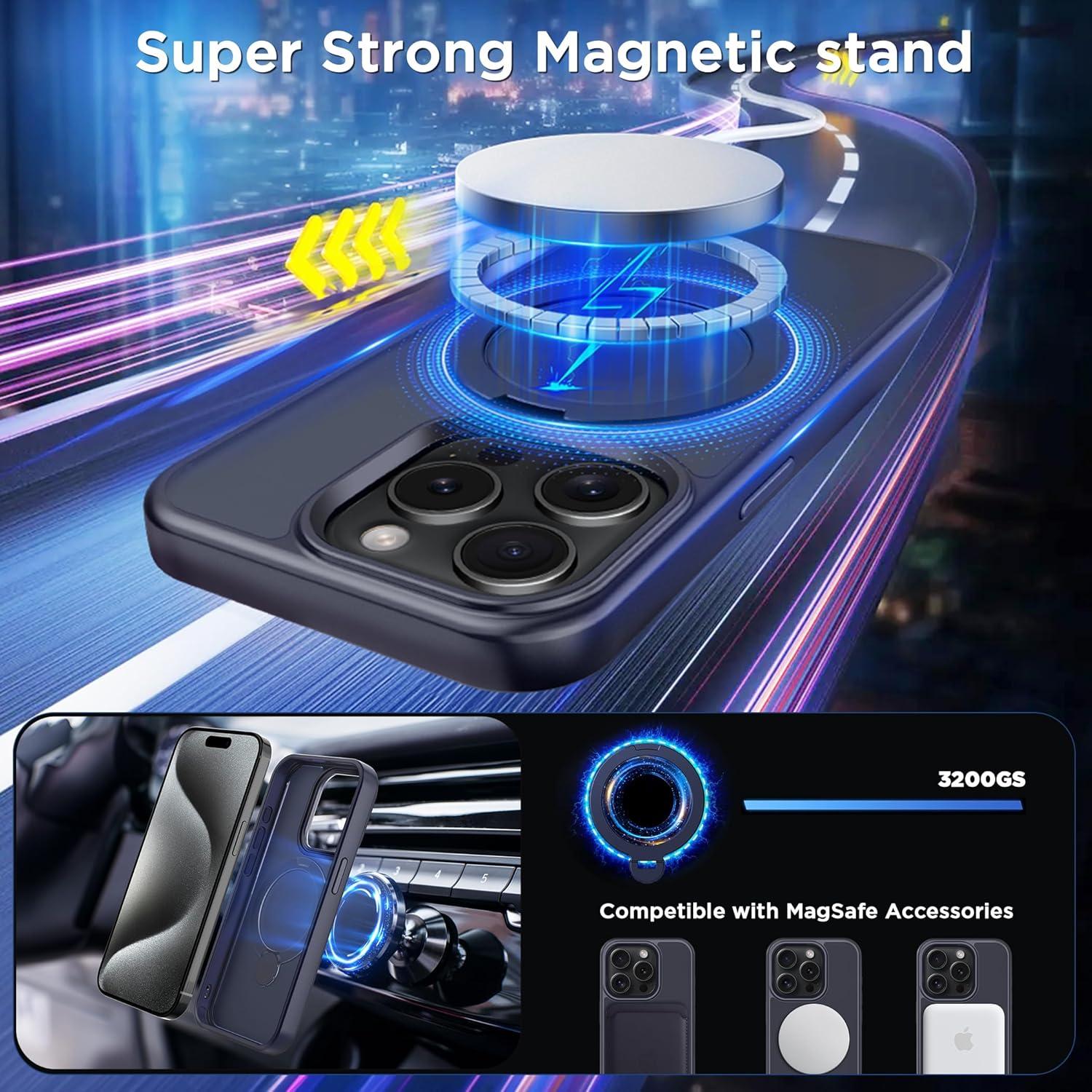 imageCACOE Magnetic Case for iPhone 16 61 inch with 360 Rotatable Ring Stand Compatible with MagSafe Car Phone Mount Cases Cover Phone Holder for Desk MeetingVideosMatte BlackDark Blue