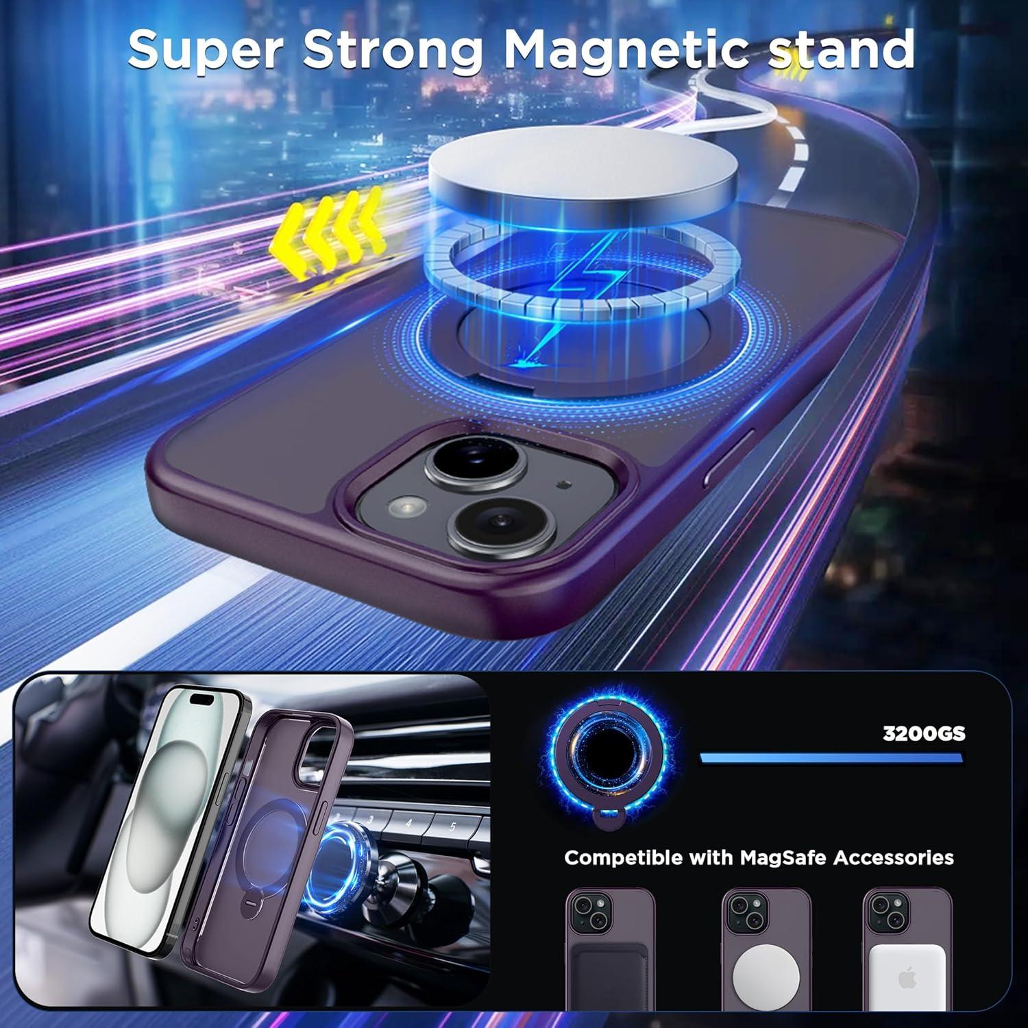 imageCACOE Magnetic Case for iPhone 16 61 inch with 360 Rotatable Ring Stand Compatible with MagSafe Car Phone Mount Cases Cover Phone Holder for Desk MeetingVideosMatte BlackDark Purple