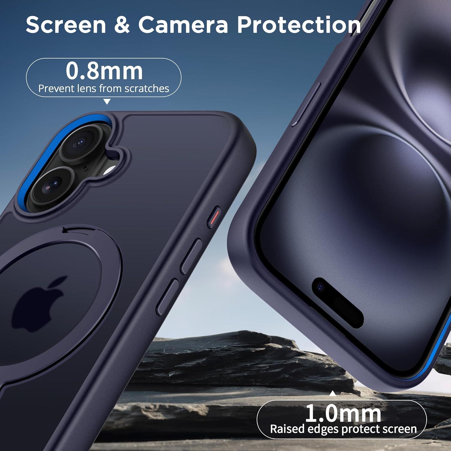 imageCACOE Magnetic Case for iPhone 16 61 inch with 360 Rotatable Ring Stand Compatible with MagSafe Car Phone Mount Cases Cover Phone Holder for Desk MeetingVideosMatte BlackDark Blue