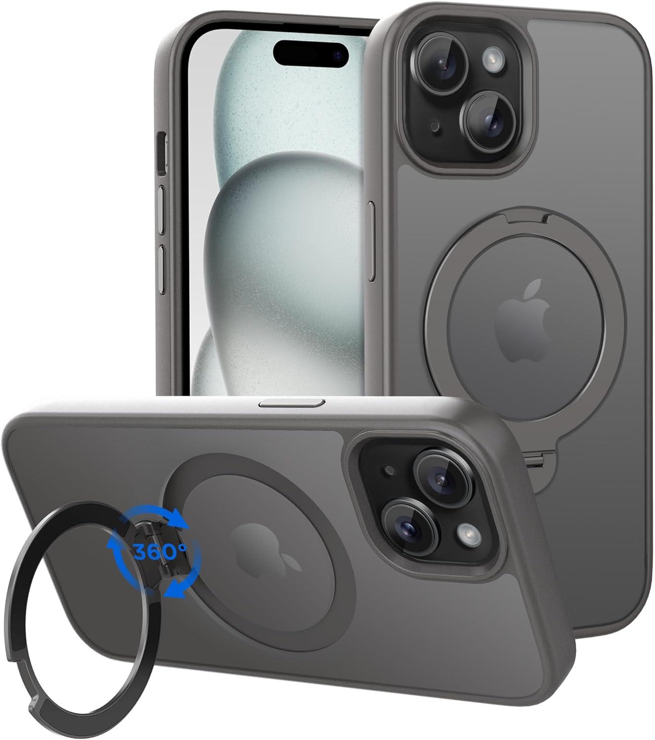 imageCACOE Magnetic Case for iPhone 16 61 inch with 360 Rotatable Ring Stand Compatible with MagSafe Car Phone Mount Cases Cover Phone Holder for Desk MeetingVideosMatte BlackLight Gray