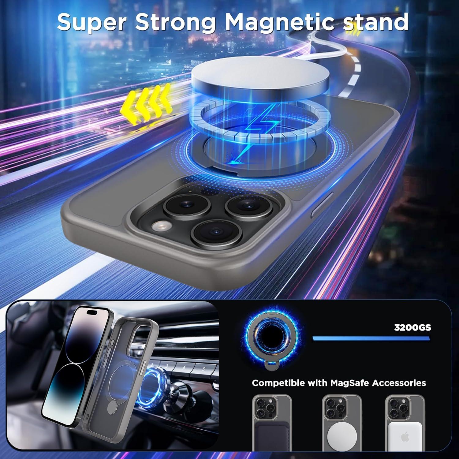 imageCACOE Magnetic Case for iPhone 16 61 inch with 360 Rotatable Ring Stand Compatible with MagSafe Car Phone Mount Cases Cover Phone Holder for Desk MeetingVideosMatte BlackLight Gray