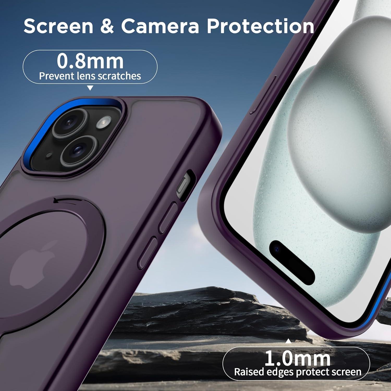 imageCACOE Magnetic Case for iPhone 16 61 inch with 360 Rotatable Ring Stand Compatible with MagSafe Car Phone Mount Cases Cover Phone Holder for Desk MeetingVideosMatte BlackDark Purple