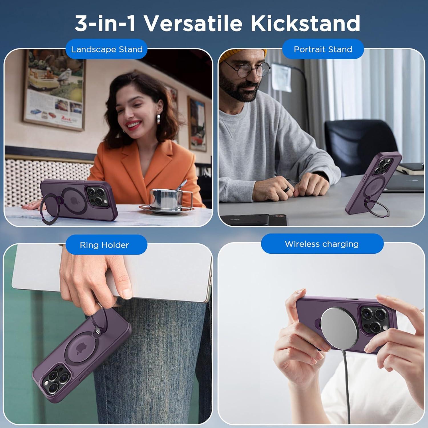 imageCACOE Magnetic Case for iPhone 16 61 inch with 360 Rotatable Ring Stand Compatible with MagSafe Car Phone Mount Cases Cover Phone Holder for Desk MeetingVideosMatte BlackDark Purple