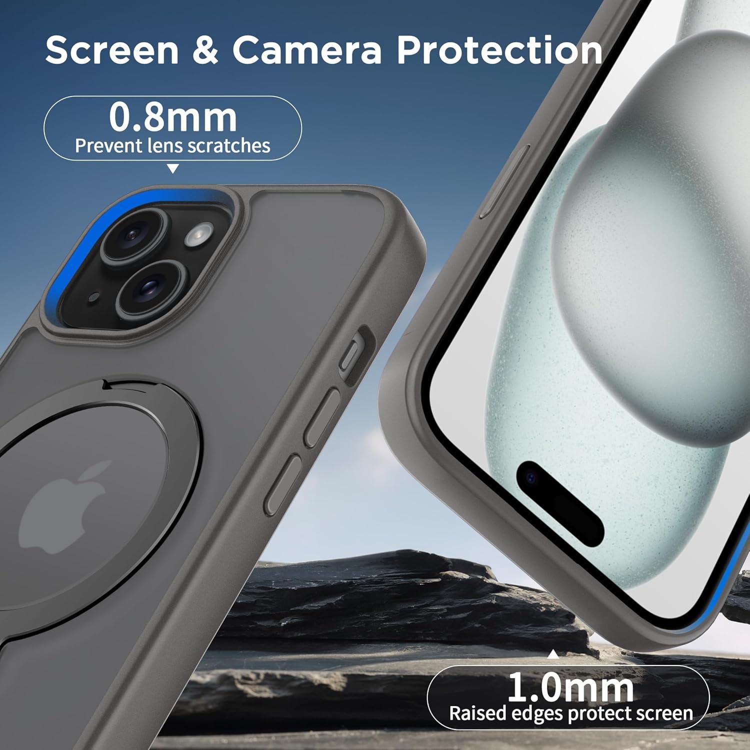 imageCACOE Magnetic Case for iPhone 16 61 inch with 360 Rotatable Ring Stand Compatible with MagSafe Car Phone Mount Cases Cover Phone Holder for Desk MeetingVideosMatte BlackLight Gray