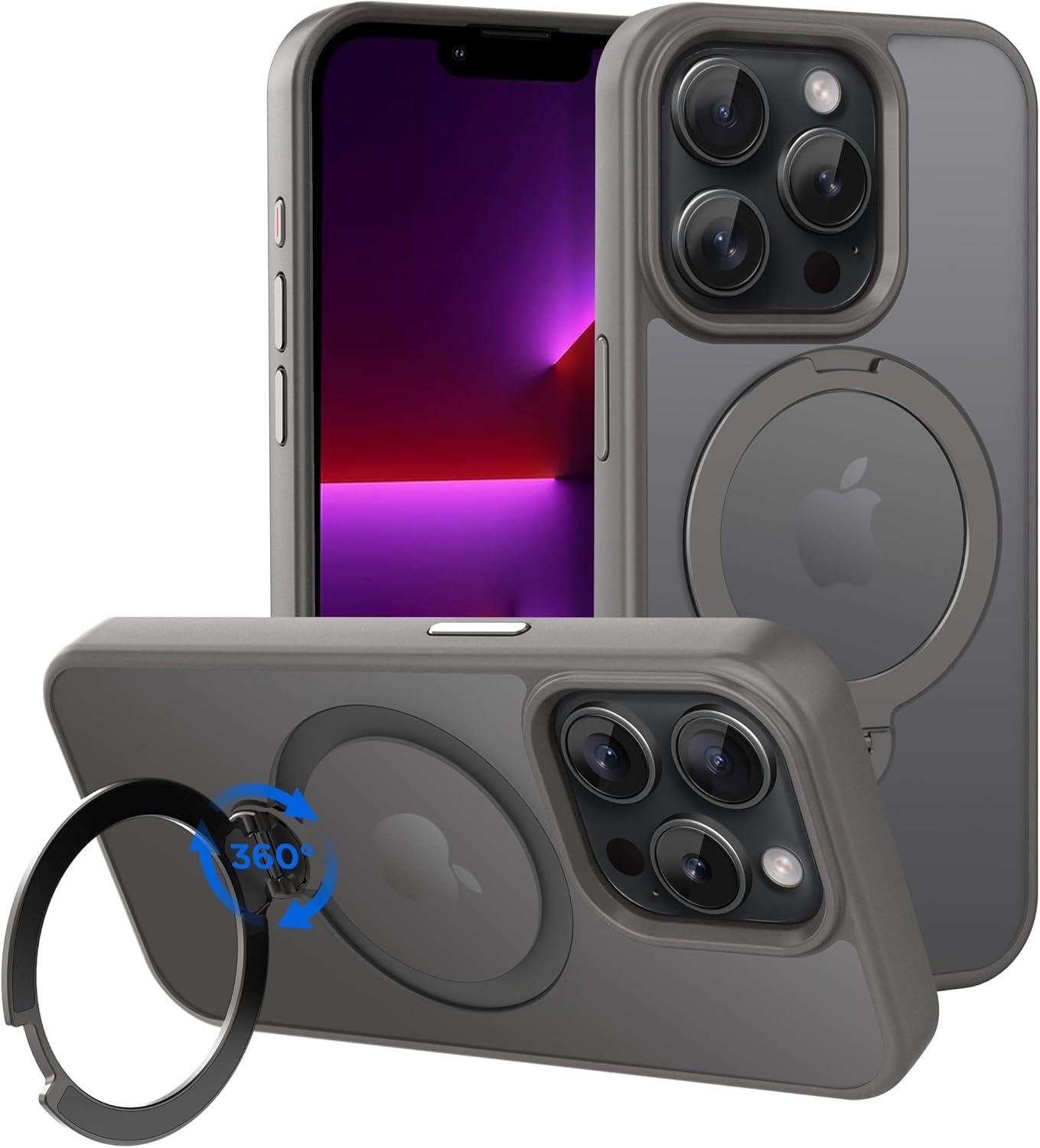imageCACOE Magnetic Case for iPhone 16 61 inch with 360 Rotatable Ring Stand Compatible with MagSafe Car Phone Mount Cases Cover Phone Holder for Desk MeetingVideosMatte BlackLight Gray