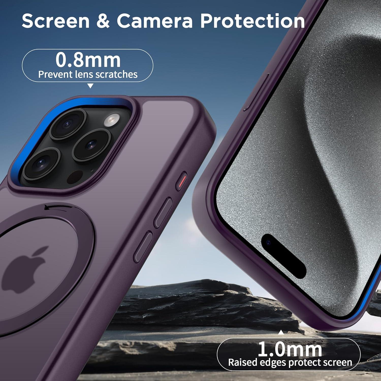 imageCACOE Magnetic Case for iPhone 16 61 inch with 360 Rotatable Ring Stand Compatible with MagSafe Car Phone Mount Cases Cover Phone Holder for Desk MeetingVideosMatte BlackDark Purple
