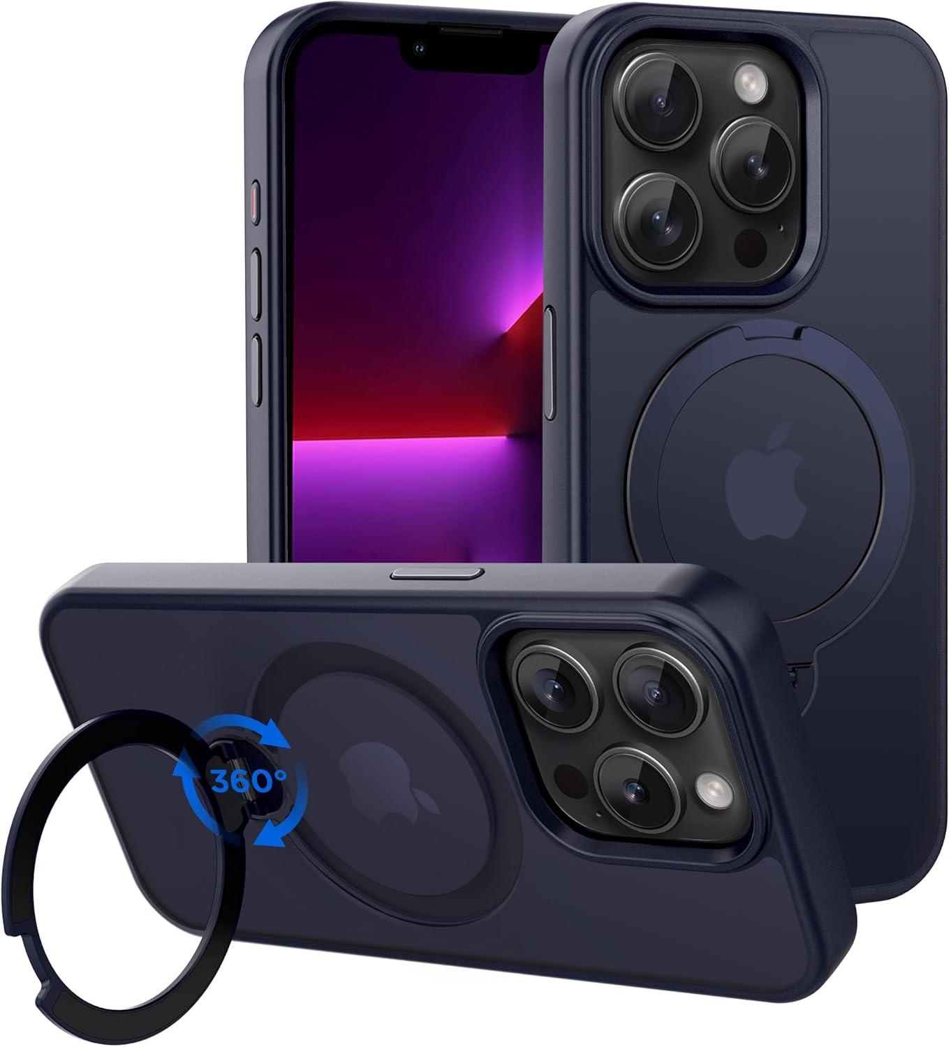 imageCACOE Magnetic Case for iPhone 16 61 inch with 360 Rotatable Ring Stand Compatible with MagSafe Car Phone Mount Cases Cover Phone Holder for Desk MeetingVideosMatte BlackDark Blue