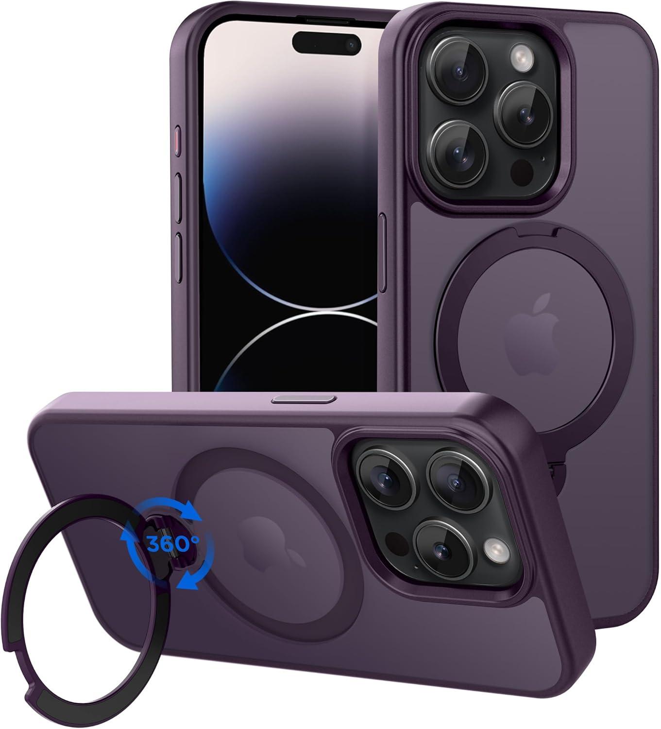 imageCACOE Magnetic Case for iPhone 16 61 inch with 360 Rotatable Ring Stand Compatible with MagSafe Car Phone Mount Cases Cover Phone Holder for Desk MeetingVideosMatte BlackDark Purple