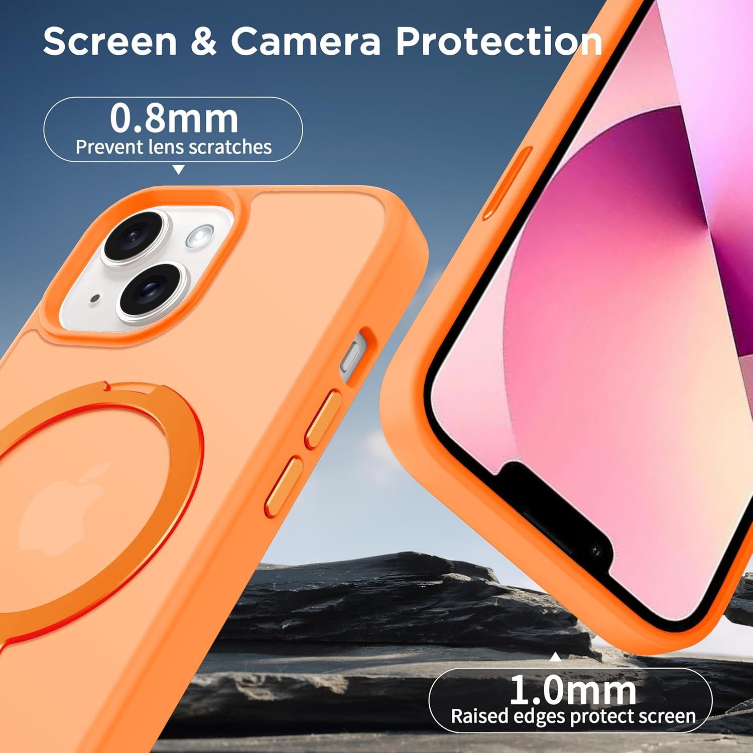 imageCACOE Magnetic Case for iPhone 16 61 inch with 360 Rotatable Ring Stand Compatible with MagSafe Car Phone Mount Cases Cover Phone Holder for Desk MeetingVideosMatte BlackOrange