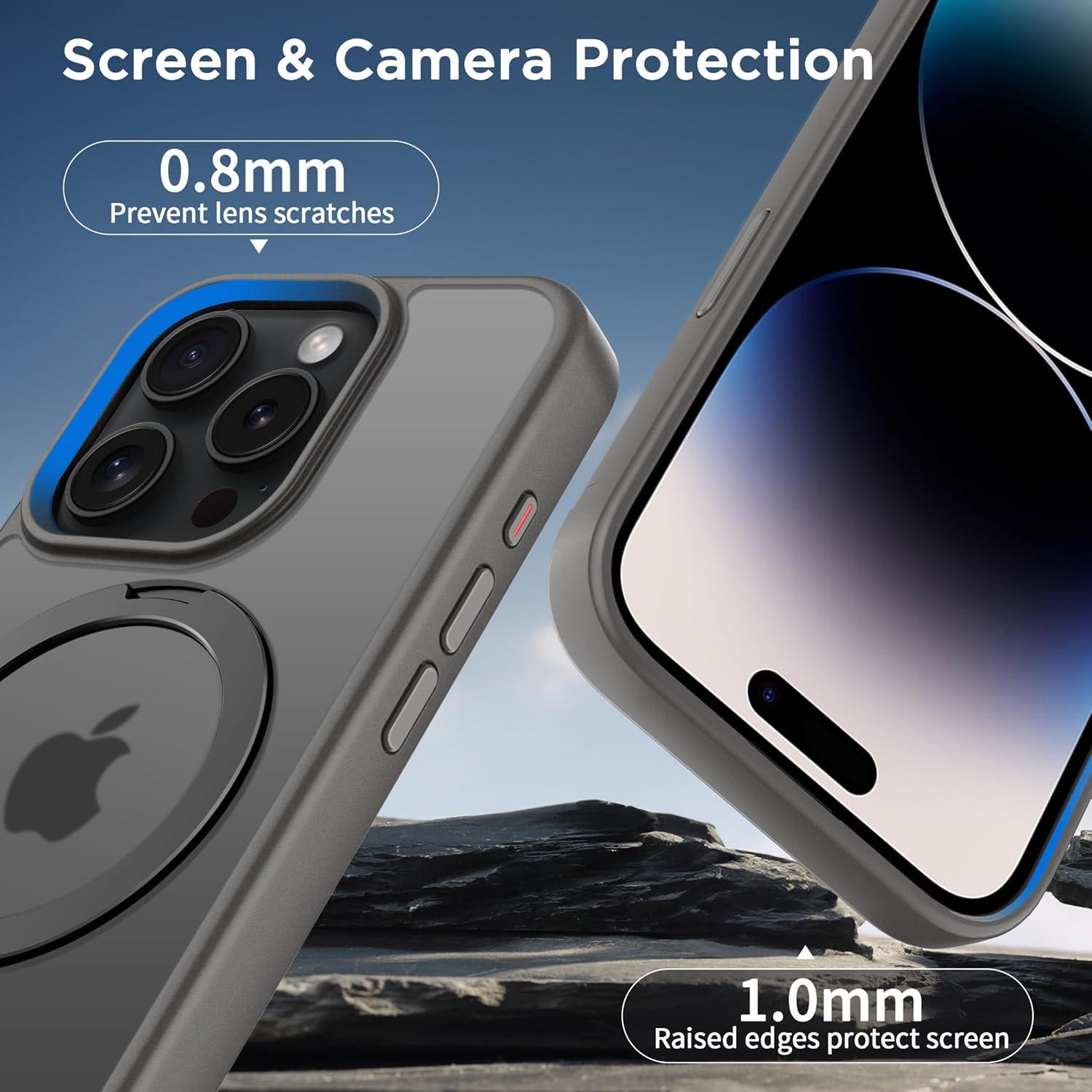 imageCACOE Magnetic Case for iPhone 16 61 inch with 360 Rotatable Ring Stand Compatible with MagSafe Car Phone Mount Cases Cover Phone Holder for Desk MeetingVideosMatte BlackLight Gray