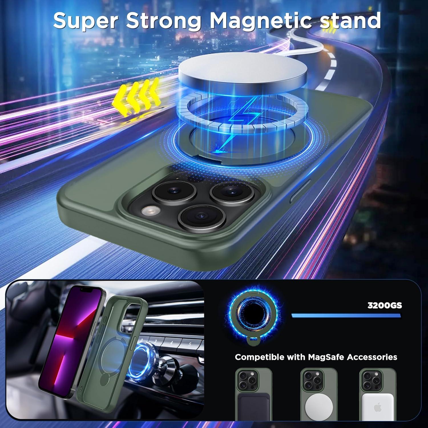 imageCACOE Magnetic Case for iPhone 16 61 inch with 360 Rotatable Ring Stand Compatible with MagSafe Car Phone Mount Cases Cover Phone Holder for Desk MeetingVideosMatte BlackDark Green