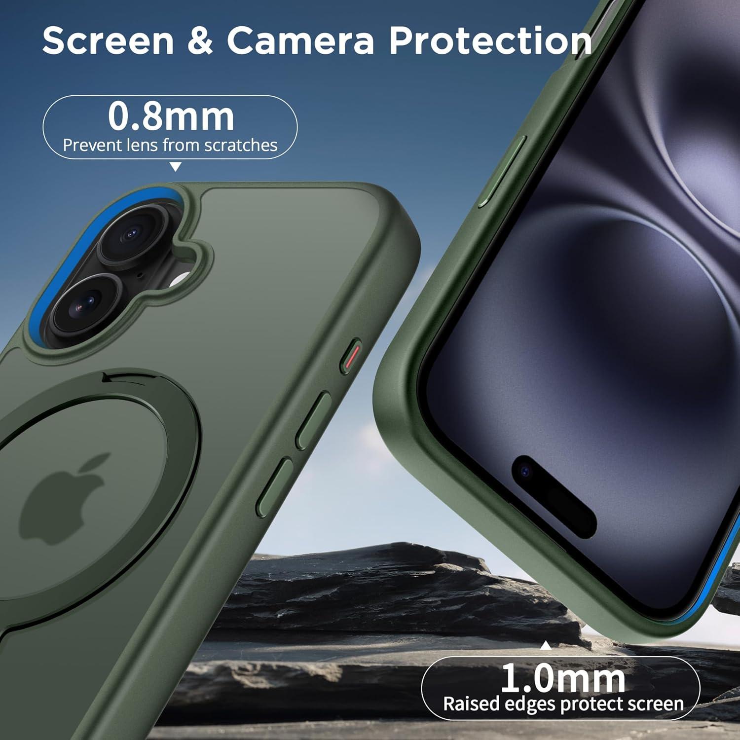 imageCACOE Magnetic Case for iPhone 16 61 inch with 360 Rotatable Ring Stand Compatible with MagSafe Car Phone Mount Cases Cover Phone Holder for Desk MeetingVideosMatte BlackDark Green