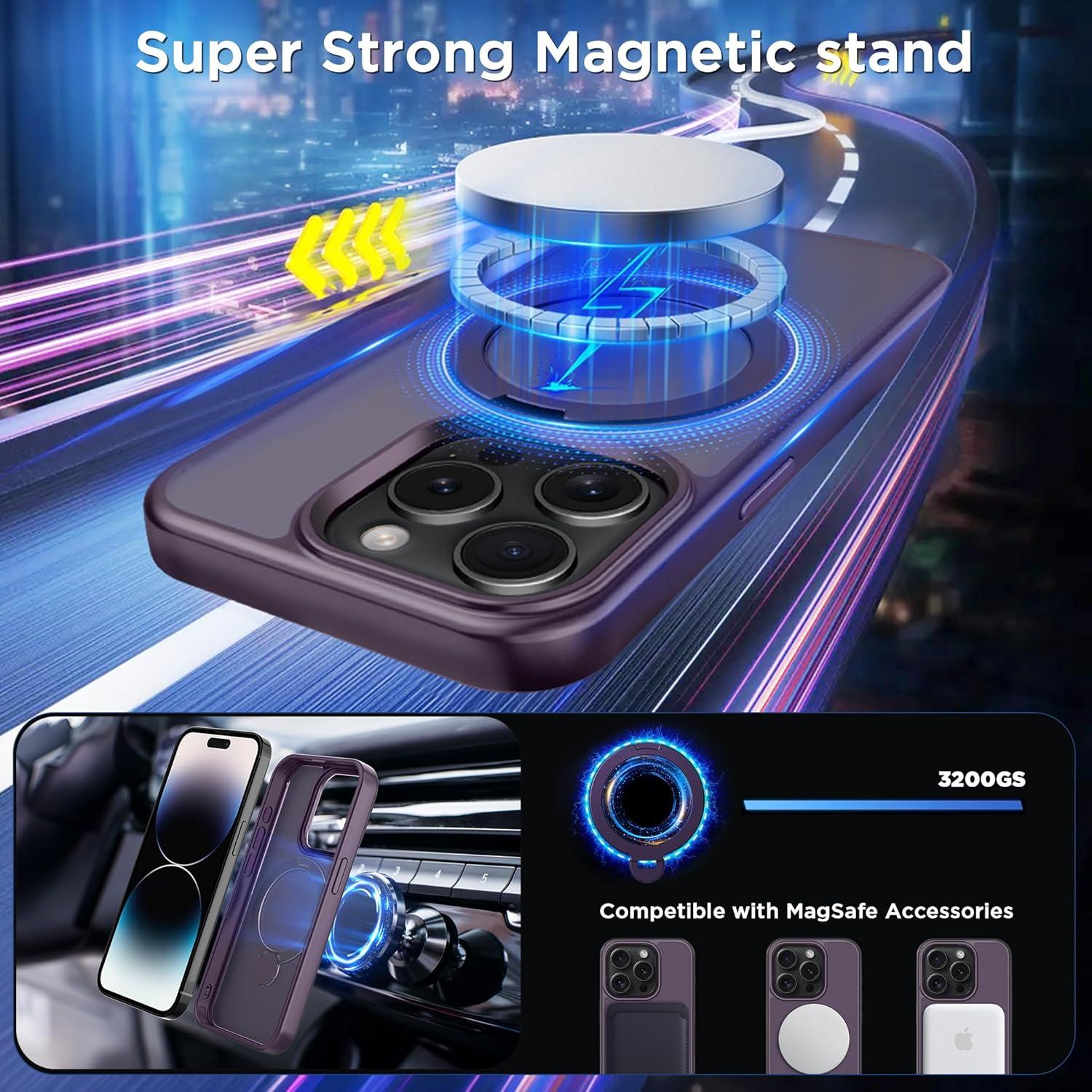 imageCACOE Magnetic Case for iPhone 16 61 inch with 360 Rotatable Ring Stand Compatible with MagSafe Car Phone Mount Cases Cover Phone Holder for Desk MeetingVideosMatte BlackDark Purple