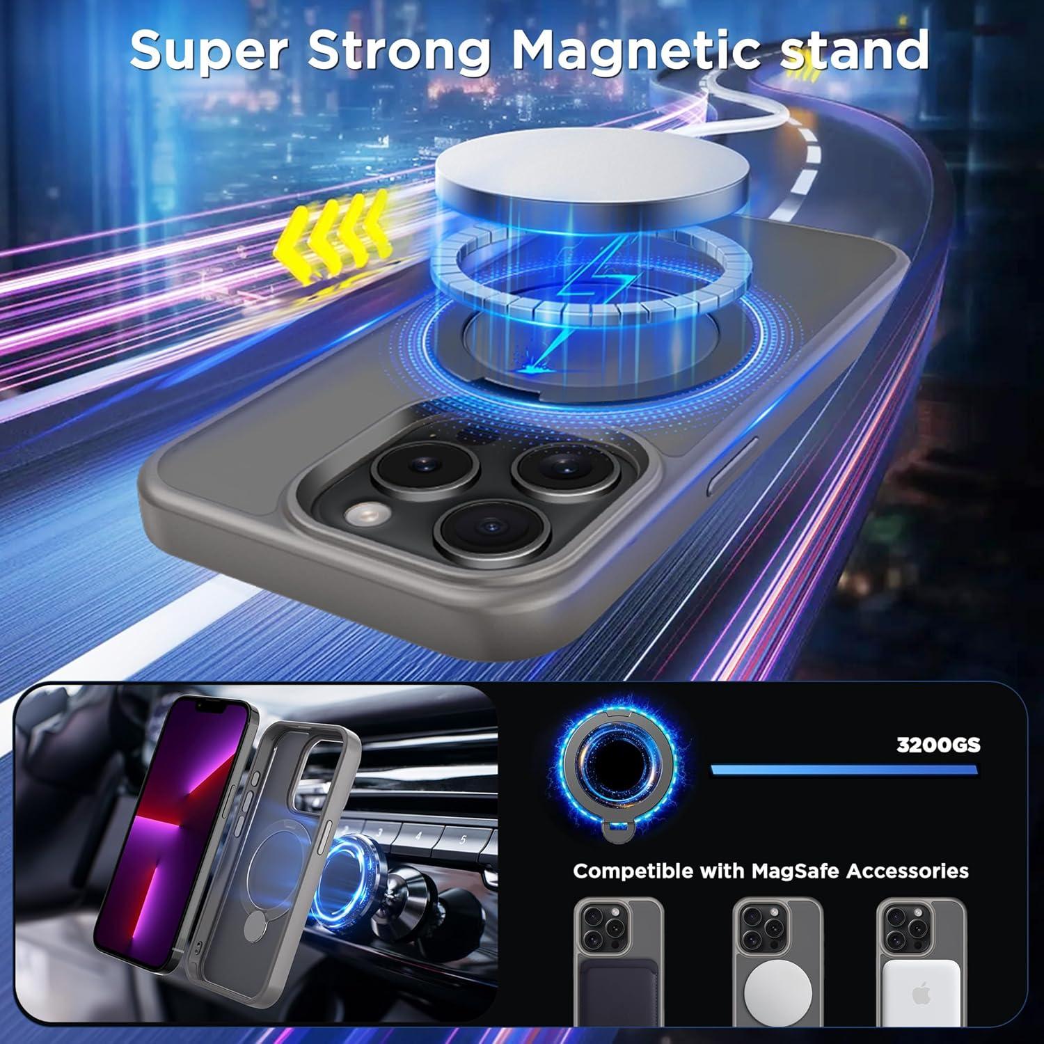 imageCACOE Magnetic Case for iPhone 16 61 inch with 360 Rotatable Ring Stand Compatible with MagSafe Car Phone Mount Cases Cover Phone Holder for Desk MeetingVideosMatte BlackLight Gray