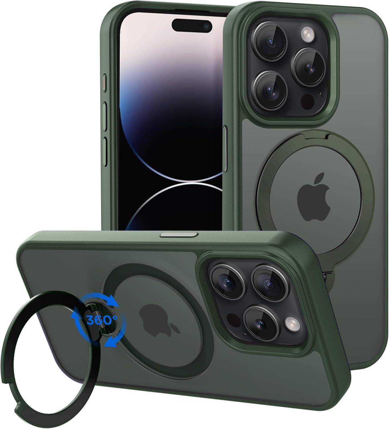 imageCACOE Magnetic Case for iPhone 16 61 inch with 360 Rotatable Ring Stand Compatible with MagSafe Car Phone Mount Cases Cover Phone Holder for Desk MeetingVideosMatte BlackDark Green