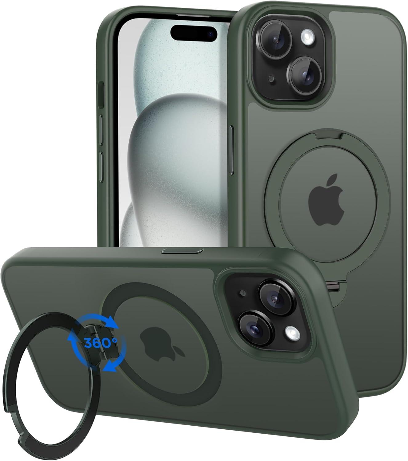 imageCACOE Magnetic Case for iPhone 16 61 inch with 360 Rotatable Ring Stand Compatible with MagSafe Car Phone Mount Cases Cover Phone Holder for Desk MeetingVideosMatte BlackDark Green