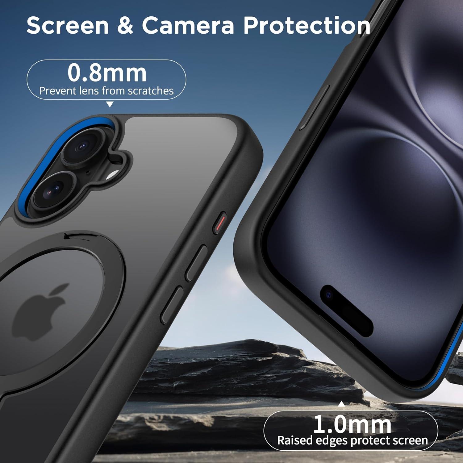 imageCACOE Magnetic Case for iPhone 16 61 inch with 360 Rotatable Ring Stand Compatible with MagSafe Car Phone Mount Cases Cover Phone Holder for Desk MeetingVideosMatte BlackMatte Black