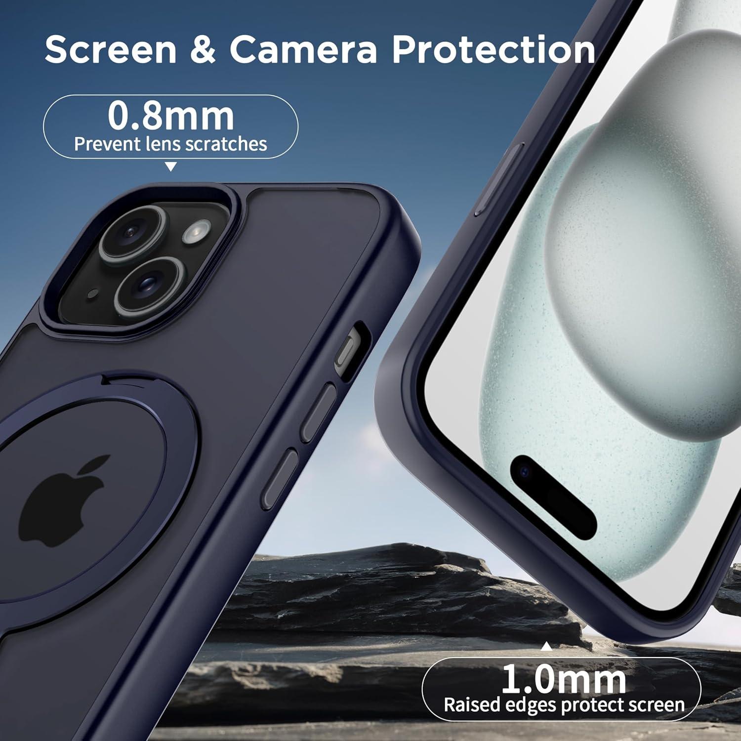 imageCACOE Magnetic Case for iPhone 16 61 inch with 360 Rotatable Ring Stand Compatible with MagSafe Car Phone Mount Cases Cover Phone Holder for Desk MeetingVideosMatte BlackDark Blue