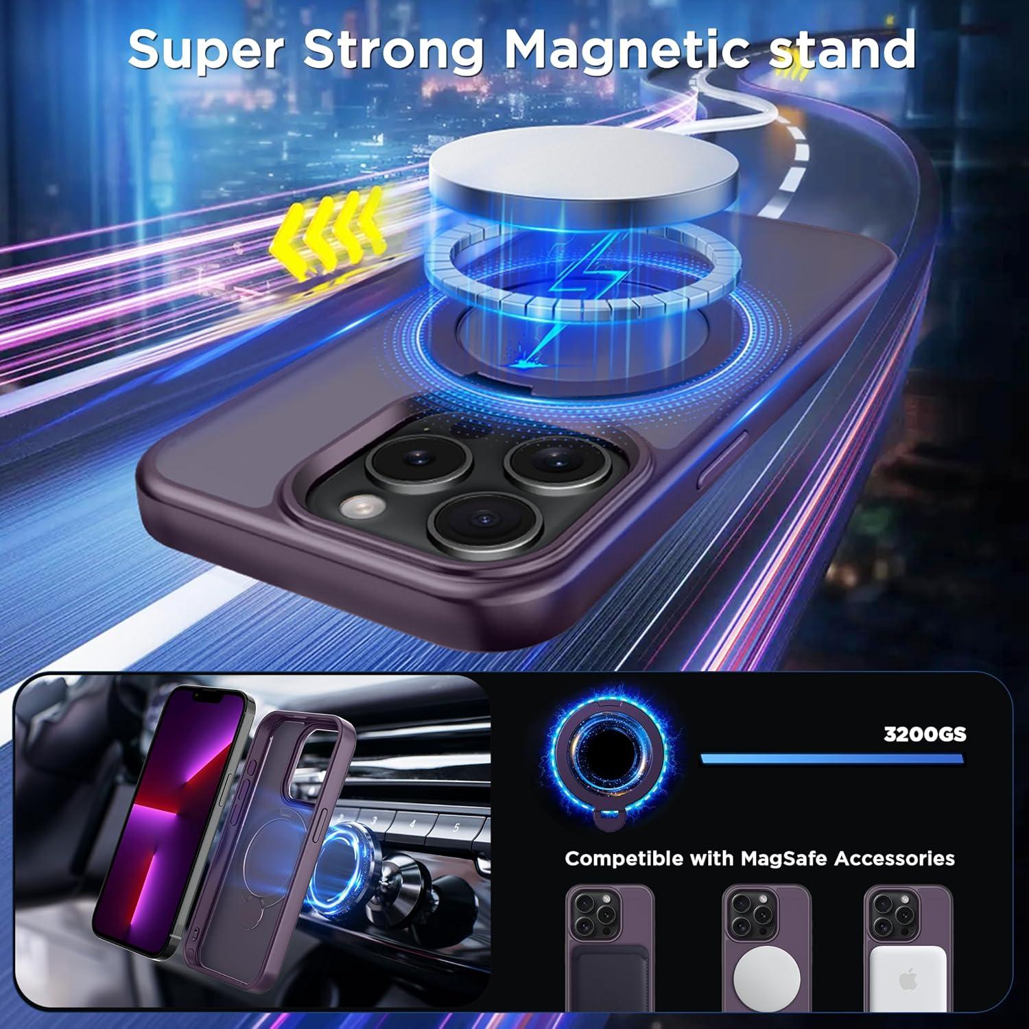 imageCACOE Magnetic Case for iPhone 16 61 inch with 360 Rotatable Ring Stand Compatible with MagSafe Car Phone Mount Cases Cover Phone Holder for Desk MeetingVideosMatte BlackDark Purple