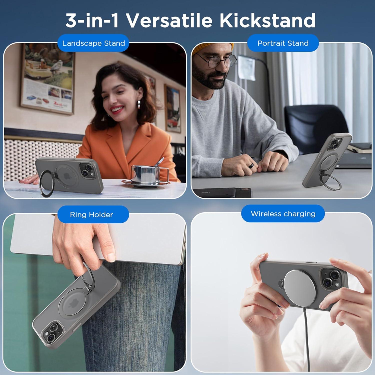 imageCACOE Magnetic Case for iPhone 16 61 inch with 360 Rotatable Ring Stand Compatible with MagSafe Car Phone Mount Cases Cover Phone Holder for Desk MeetingVideosMatte BlackLight Gray