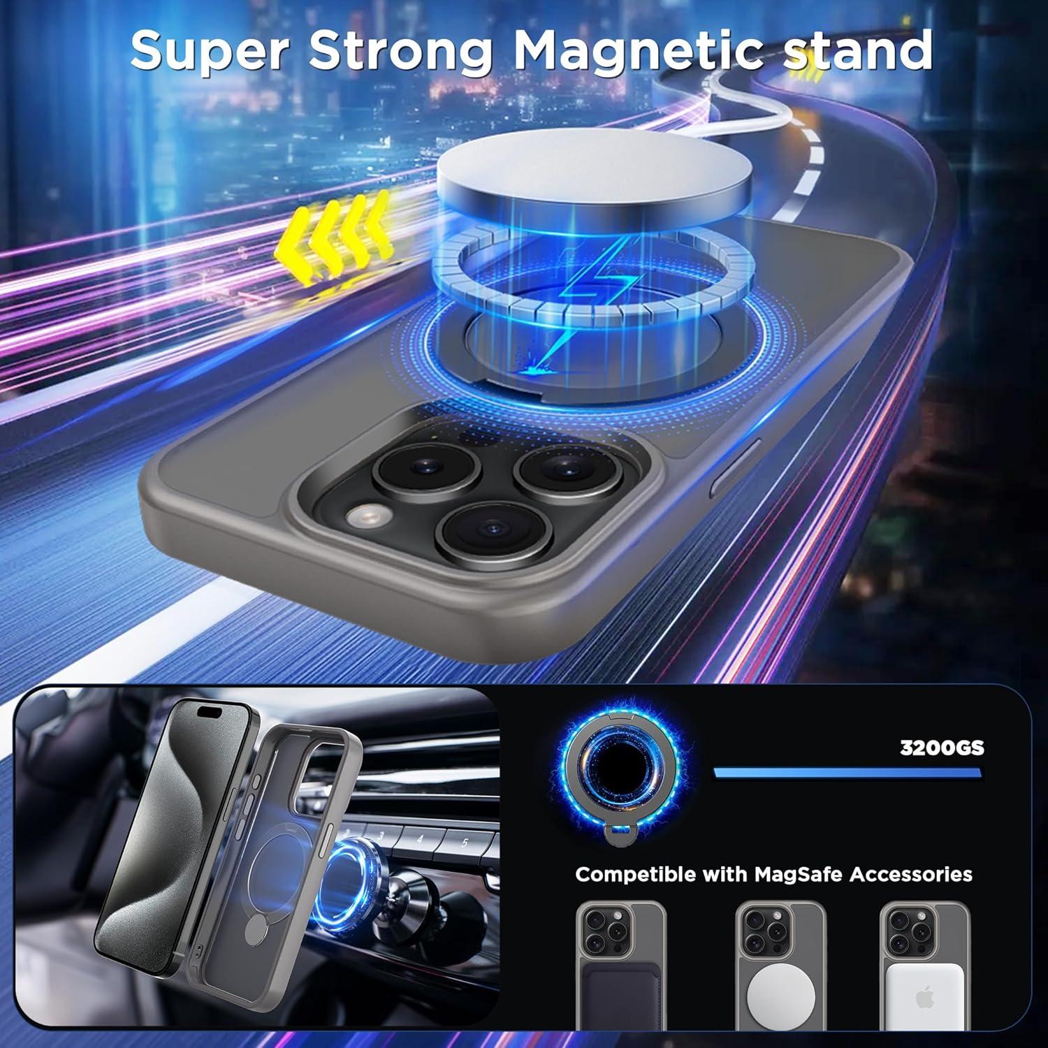 imageCACOE Magnetic Case for iPhone 16 61 inch with 360 Rotatable Ring Stand Compatible with MagSafe Car Phone Mount Cases Cover Phone Holder for Desk MeetingVideosMatte BlackLight Gray