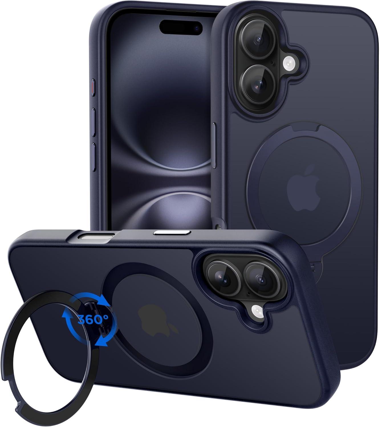 imageCACOE Magnetic Case for iPhone 16 61 inch with 360 Rotatable Ring Stand Compatible with MagSafe Car Phone Mount Cases Cover Phone Holder for Desk MeetingVideosMatte BlackDark Blue