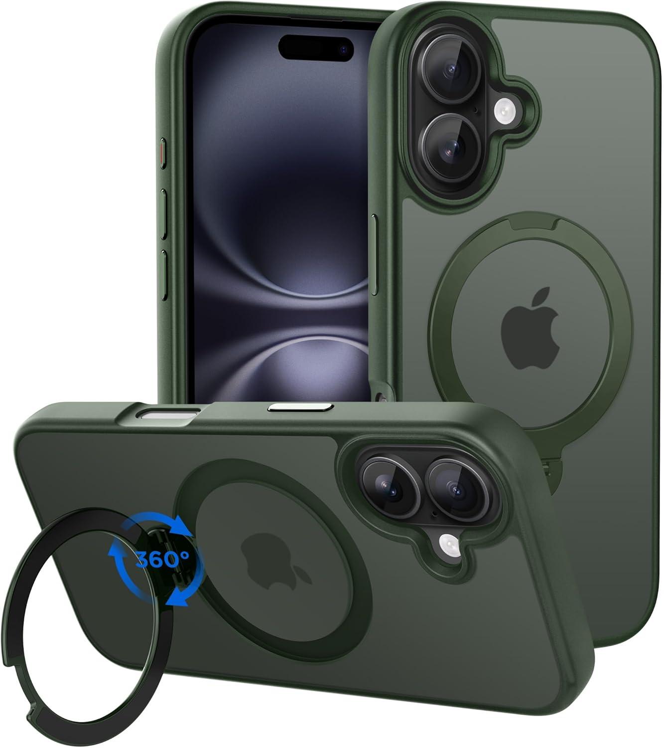 imageCACOE Magnetic Case for iPhone 16 61 inch with 360 Rotatable Ring Stand Compatible with MagSafe Car Phone Mount Cases Cover Phone Holder for Desk MeetingVideosMatte BlackDark Green