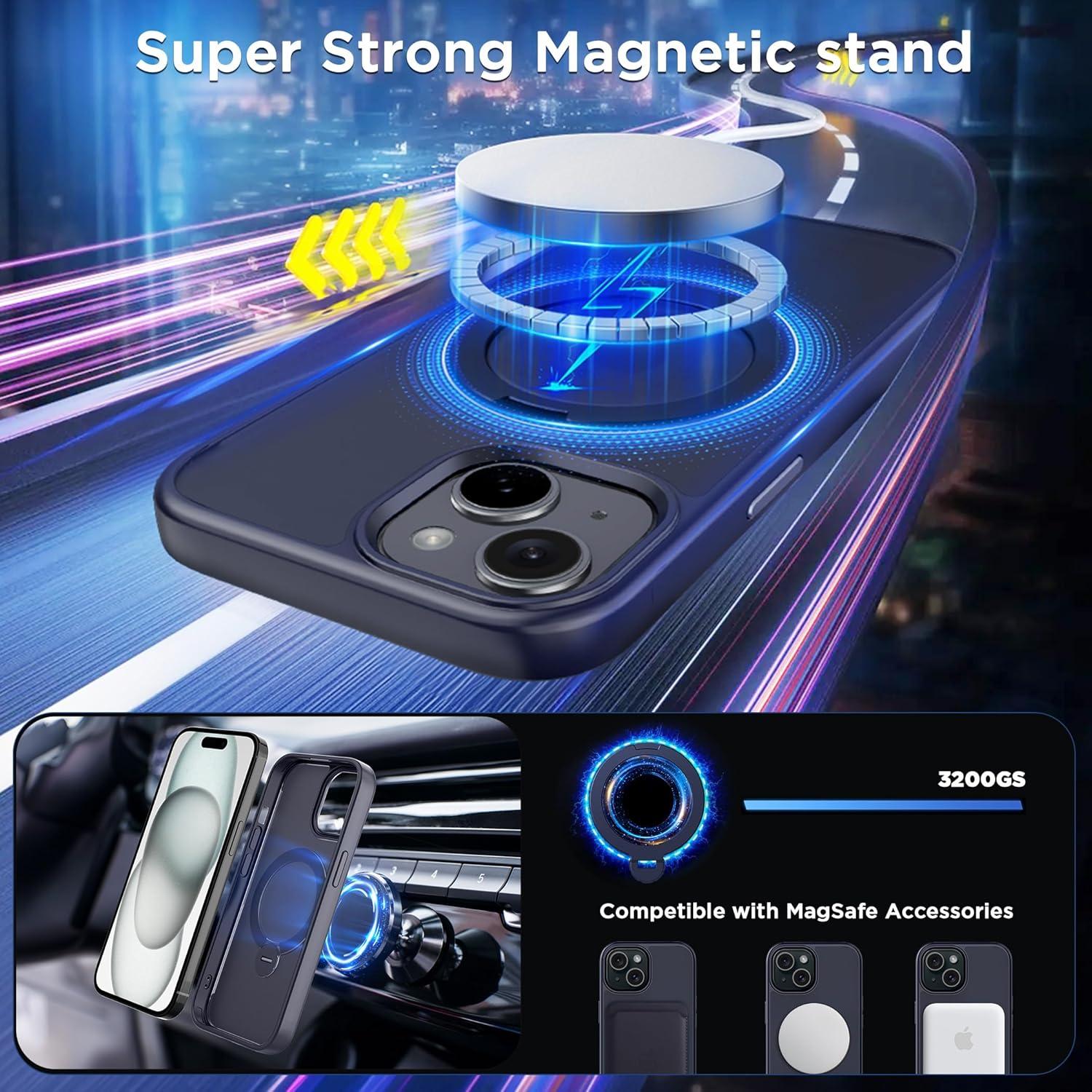 imageCACOE Magnetic Case for iPhone 16 61 inch with 360 Rotatable Ring Stand Compatible with MagSafe Car Phone Mount Cases Cover Phone Holder for Desk MeetingVideosMatte BlackDark Blue