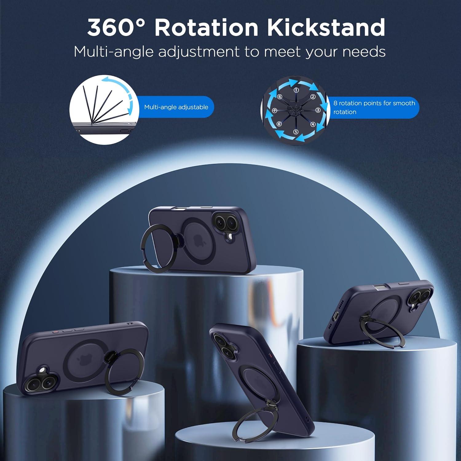 imageCACOE Magnetic Case for iPhone 16 61 inch with 360 Rotatable Ring Stand Compatible with MagSafe Car Phone Mount Cases Cover Phone Holder for Desk MeetingVideosMatte BlackDark Blue