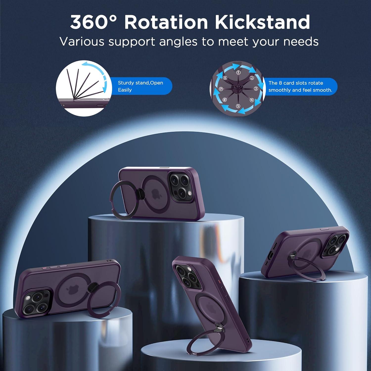 imageCACOE Magnetic Case for iPhone 16 61 inch with 360 Rotatable Ring Stand Compatible with MagSafe Car Phone Mount Cases Cover Phone Holder for Desk MeetingVideosMatte BlackDark Purple