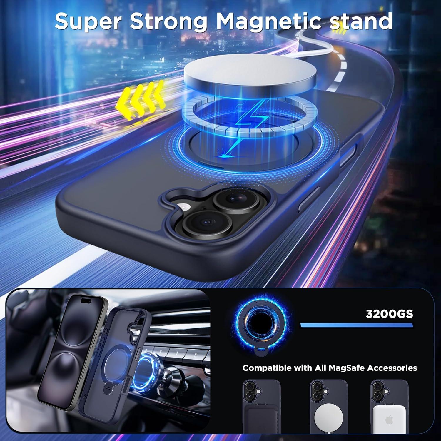 imageCACOE Magnetic Case for iPhone 16 61 inch with 360 Rotatable Ring Stand Compatible with MagSafe Car Phone Mount Cases Cover Phone Holder for Desk MeetingVideosMatte BlackDark Blue