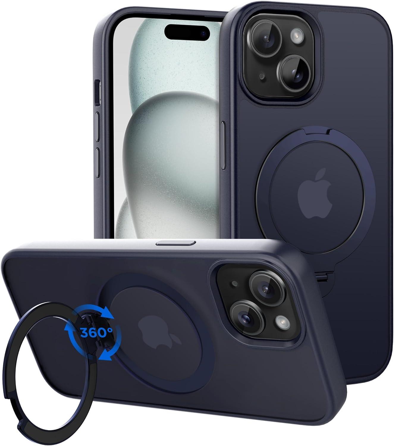 imageCACOE Magnetic Case for iPhone 16 61 inch with 360 Rotatable Ring Stand Compatible with MagSafe Car Phone Mount Cases Cover Phone Holder for Desk MeetingVideosMatte BlackDark Blue