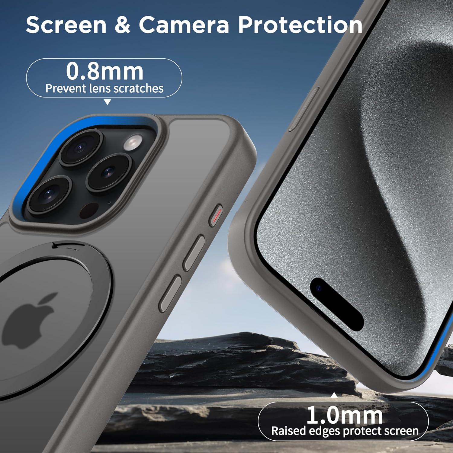 imageCACOE Magnetic Case for iPhone 16 61 inch with 360 Rotatable Ring Stand Compatible with MagSafe Car Phone Mount Cases Cover Phone Holder for Desk MeetingVideosMatte BlackLight Gray