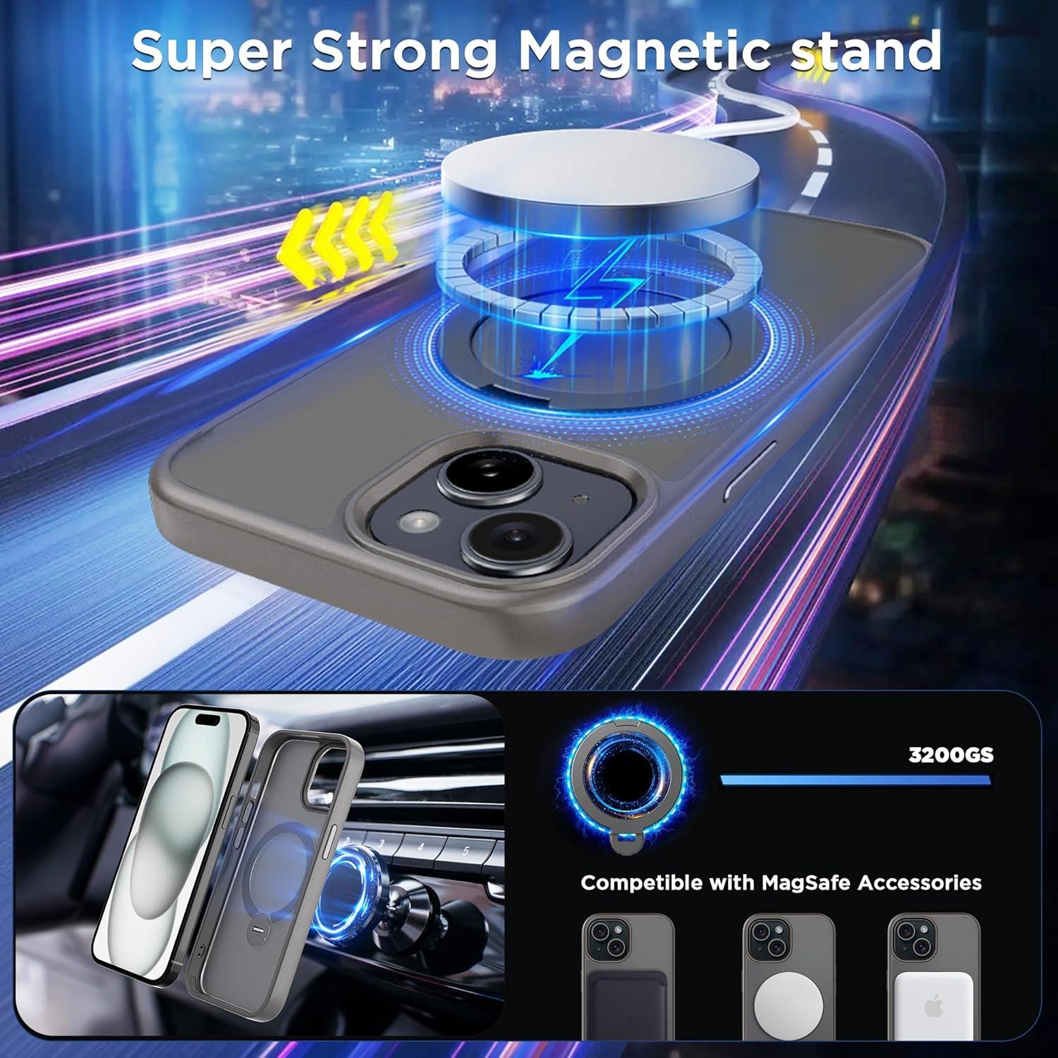 imageCACOE Magnetic Case for iPhone 16 61 inch with 360 Rotatable Ring Stand Compatible with MagSafe Car Phone Mount Cases Cover Phone Holder for Desk MeetingVideosMatte BlackLight Gray