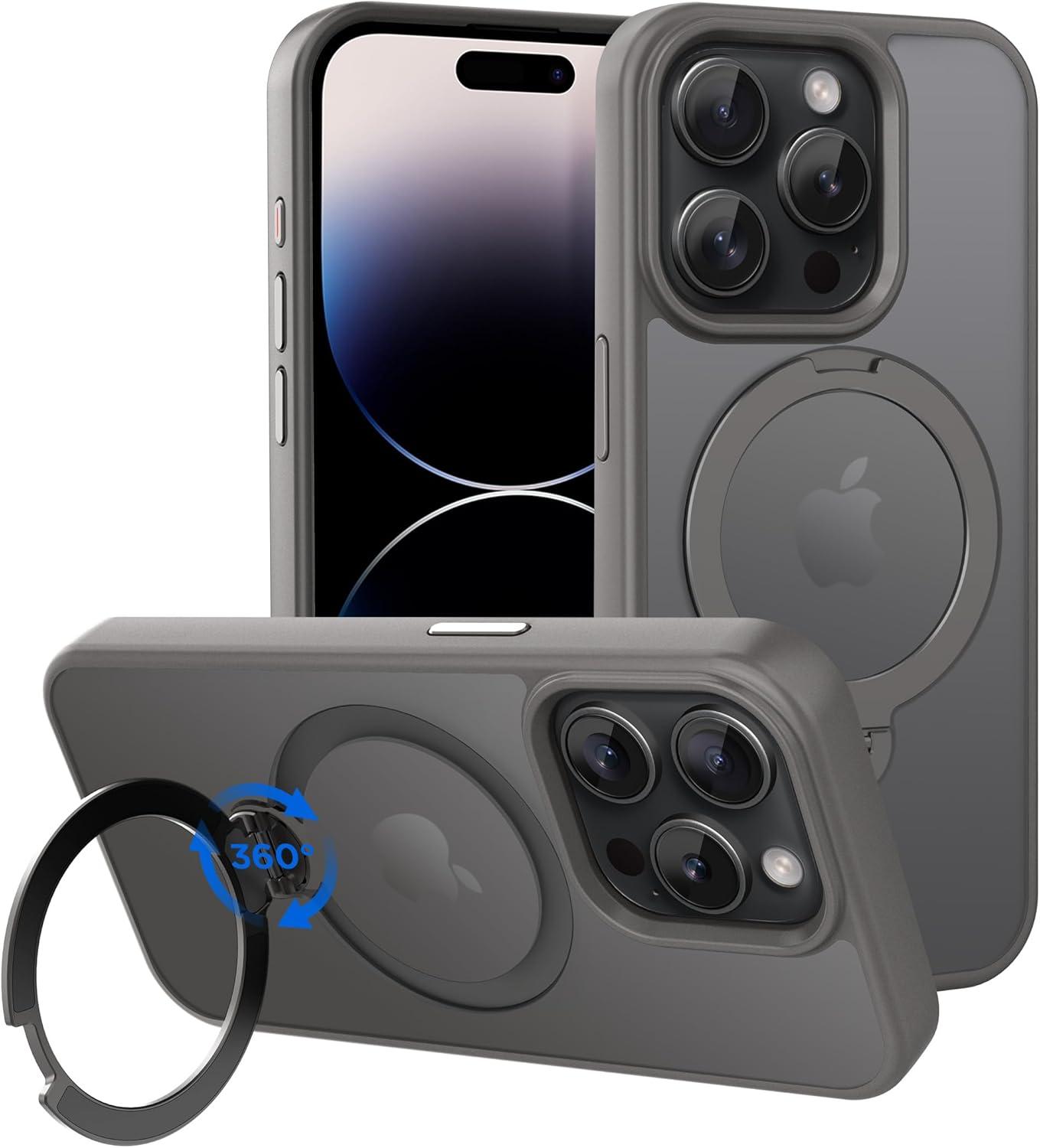 imageCACOE Magnetic Case for iPhone 16 61 inch with 360 Rotatable Ring Stand Compatible with MagSafe Car Phone Mount Cases Cover Phone Holder for Desk MeetingVideosMatte BlackLight Gray