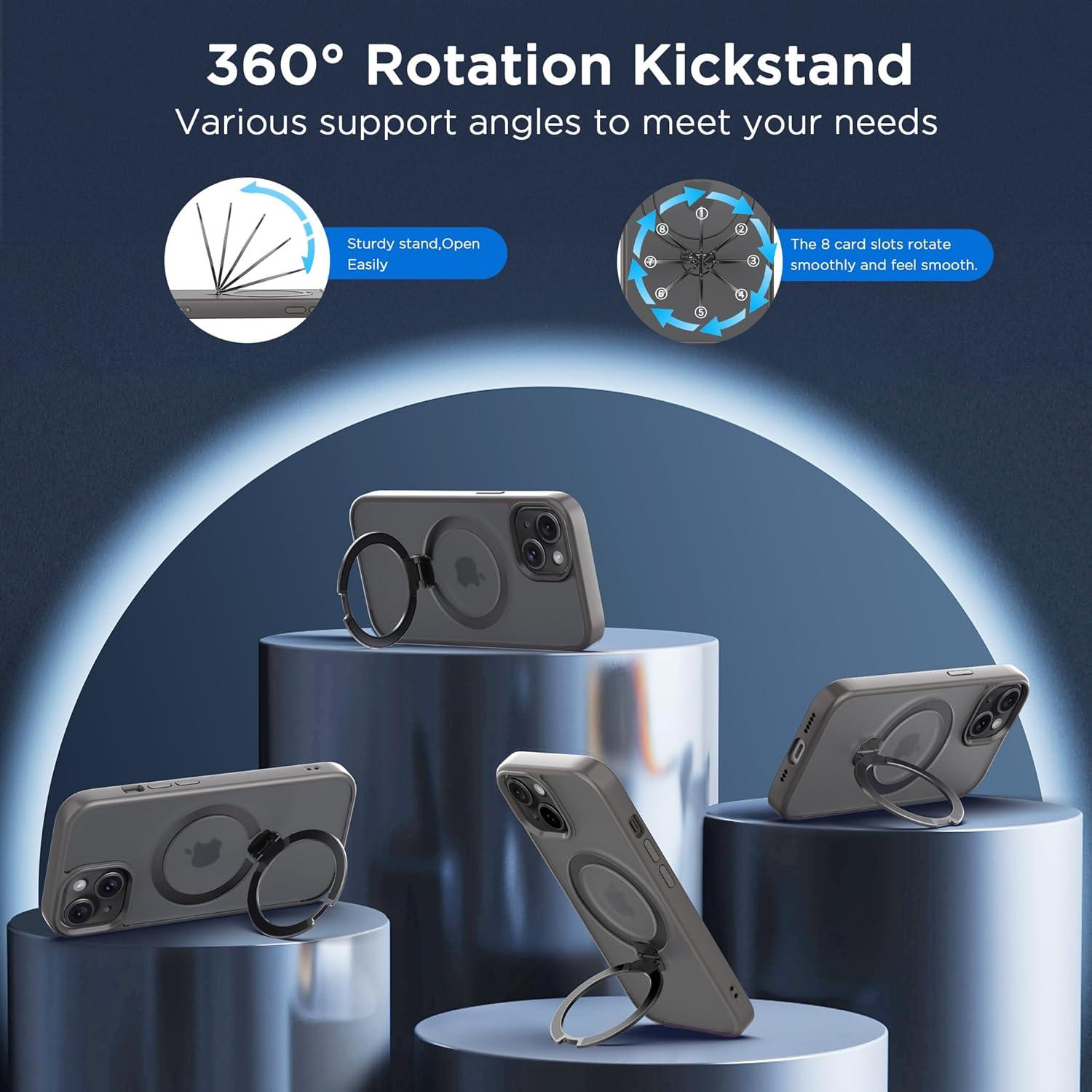 imageCACOE Magnetic Case for iPhone 16 61 inch with 360 Rotatable Ring Stand Compatible with MagSafe Car Phone Mount Cases Cover Phone Holder for Desk MeetingVideosMatte BlackLight Gray