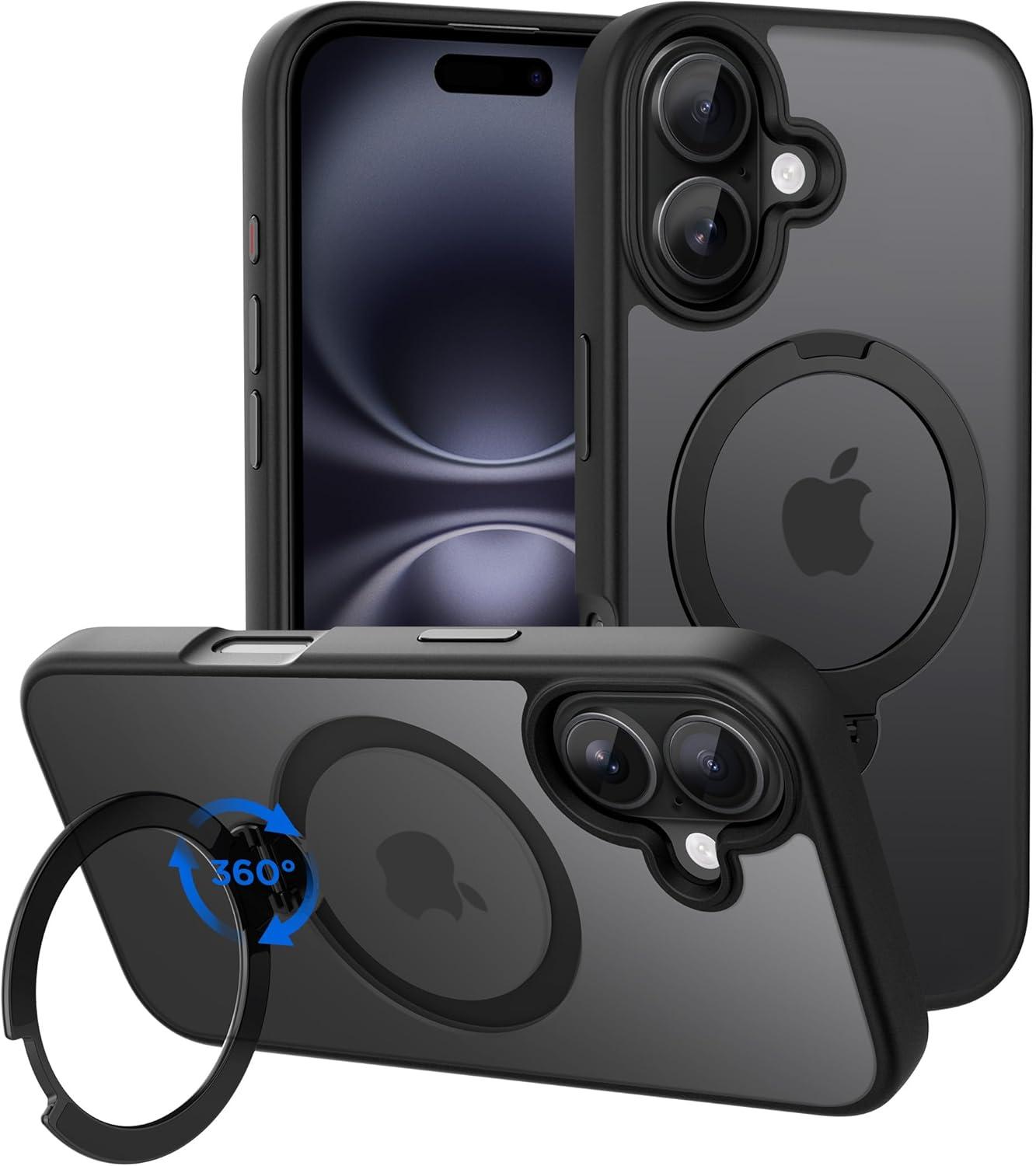 imageCACOE Magnetic Case for iPhone 16 61 inch with 360 Rotatable Ring Stand Compatible with MagSafe Car Phone Mount Cases Cover Phone Holder for Desk MeetingVideosMatte BlackMatte Black