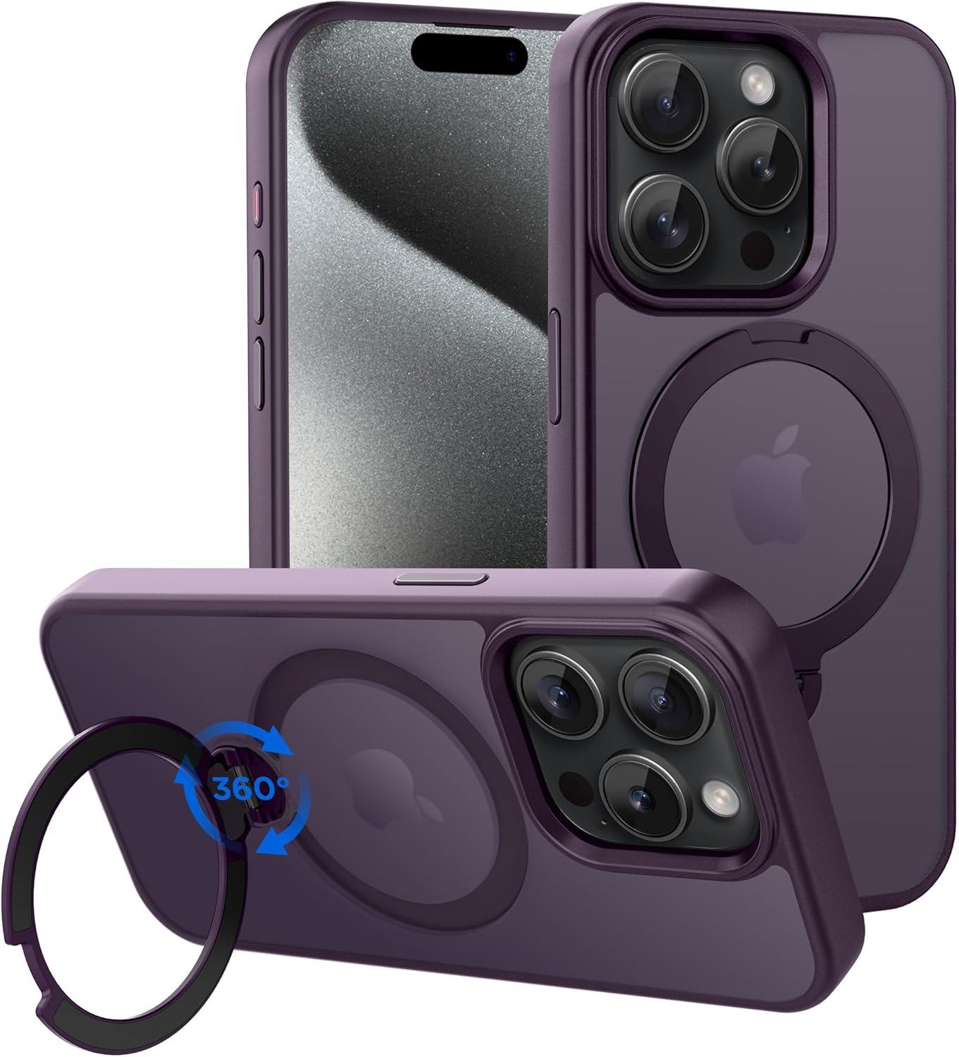 imageCACOE Magnetic Case for iPhone 16 61 inch with 360 Rotatable Ring Stand Compatible with MagSafe Car Phone Mount Cases Cover Phone Holder for Desk MeetingVideosMatte BlackDark Purple