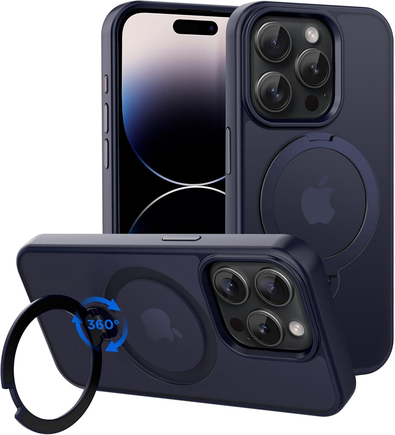 imageCACOE Magnetic Case for iPhone 16 61 inch with 360 Rotatable Ring Stand Compatible with MagSafe Car Phone Mount Cases Cover Phone Holder for Desk MeetingVideosMatte BlackDark Blue