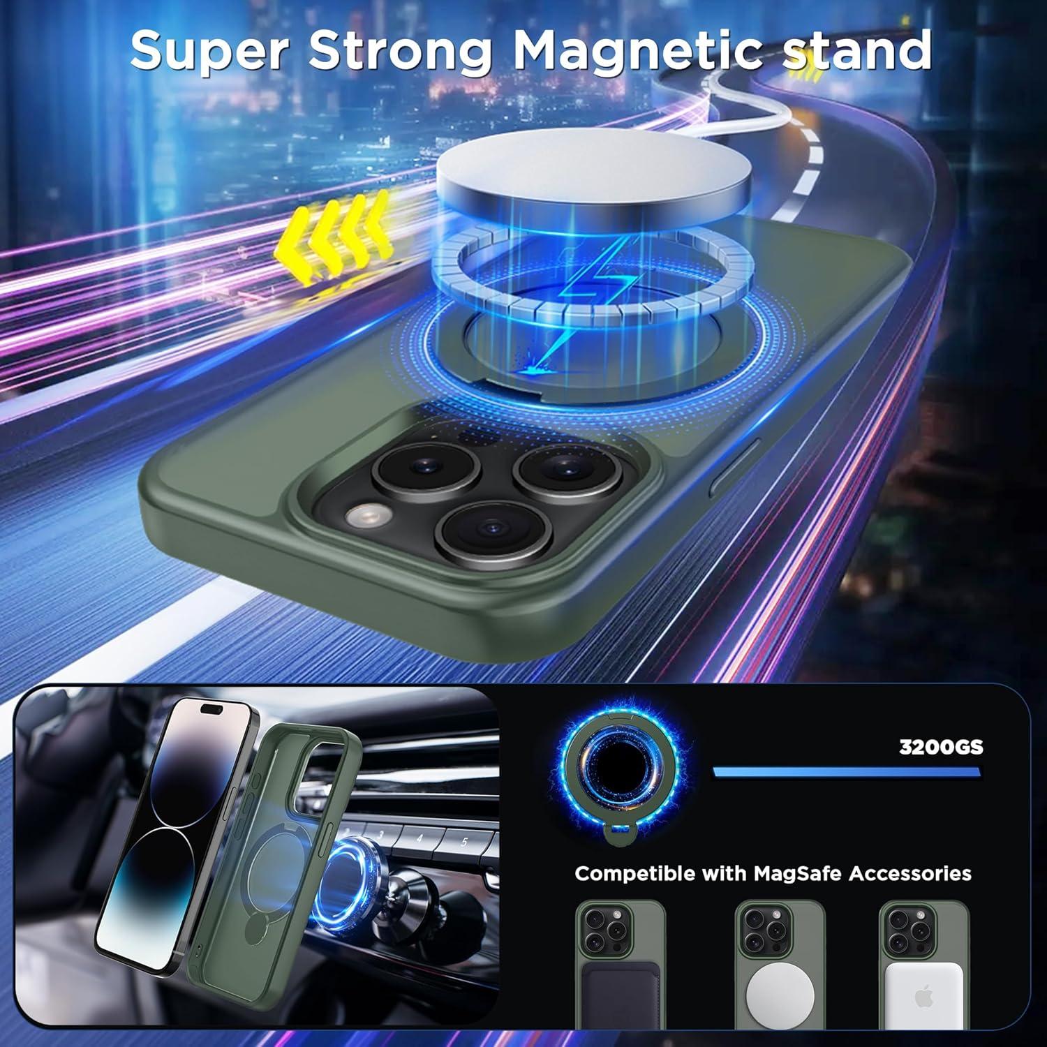 imageCACOE Magnetic Case for iPhone 16 61 inch with 360 Rotatable Ring Stand Compatible with MagSafe Car Phone Mount Cases Cover Phone Holder for Desk MeetingVideosMatte BlackDark Green