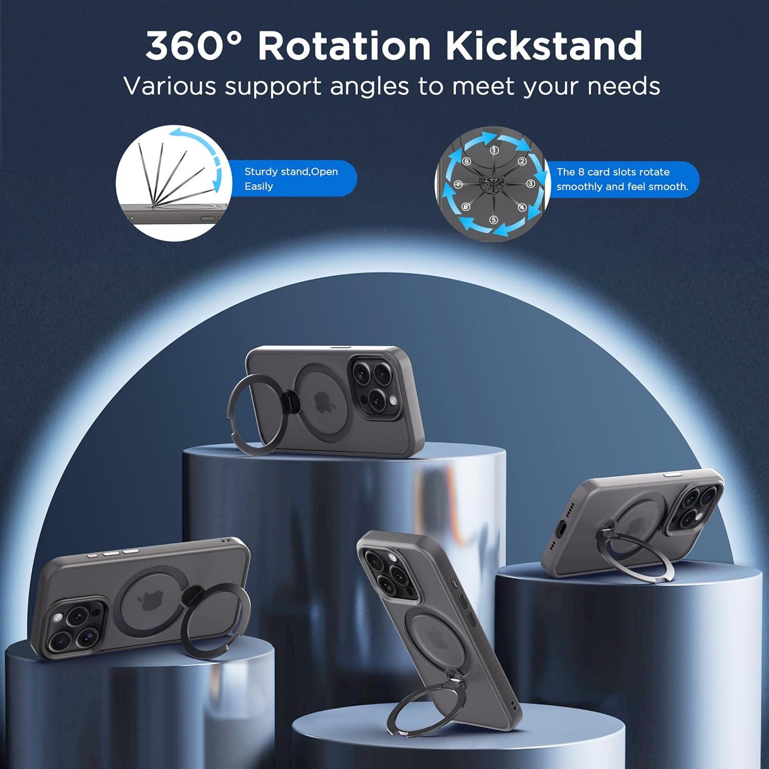 imageCACOE Magnetic Case for iPhone 16 61 inch with 360 Rotatable Ring Stand Compatible with MagSafe Car Phone Mount Cases Cover Phone Holder for Desk MeetingVideosMatte BlackLight Gray