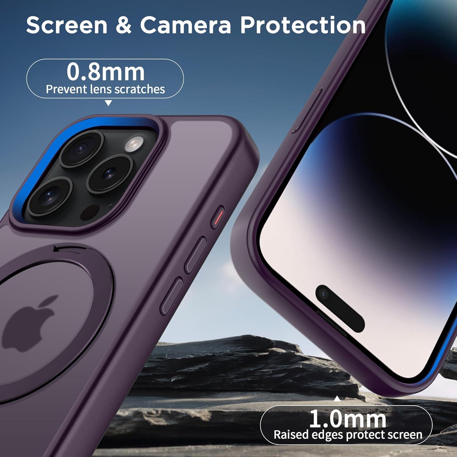 imageCACOE Magnetic Case for iPhone 16 61 inch with 360 Rotatable Ring Stand Compatible with MagSafe Car Phone Mount Cases Cover Phone Holder for Desk MeetingVideosMatte BlackDark Purple