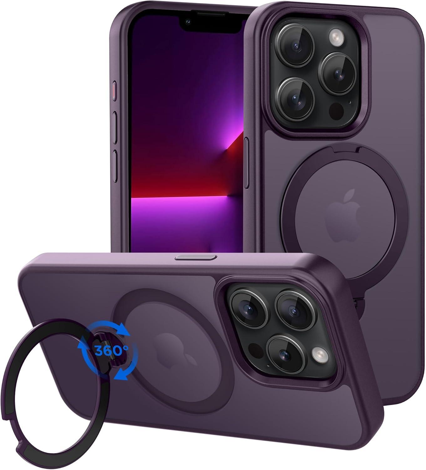 imageCACOE Magnetic Case for iPhone 16 61 inch with 360 Rotatable Ring Stand Compatible with MagSafe Car Phone Mount Cases Cover Phone Holder for Desk MeetingVideosMatte BlackDark Purple