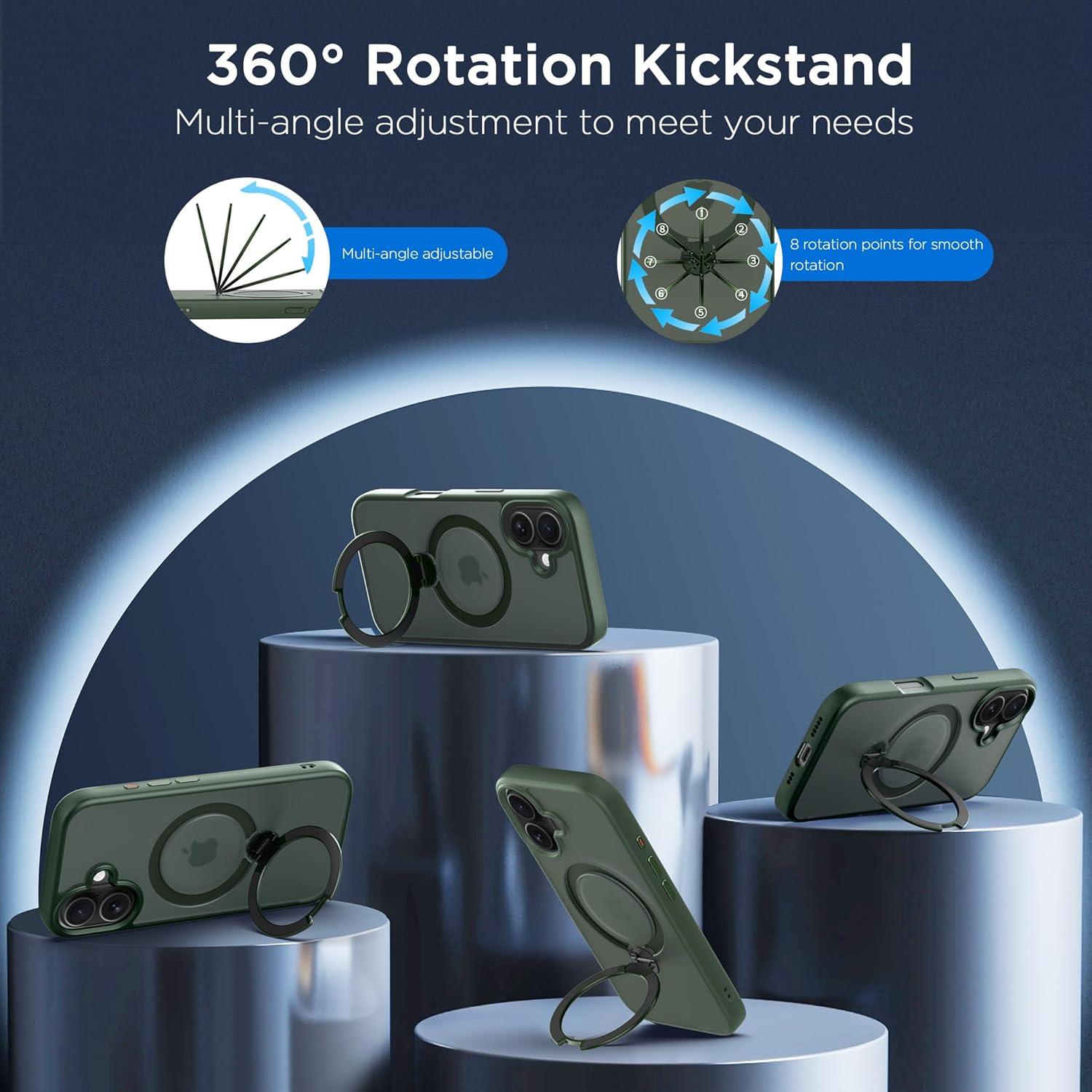 imageCACOE Magnetic Case for iPhone 16 61 inch with 360 Rotatable Ring Stand Compatible with MagSafe Car Phone Mount Cases Cover Phone Holder for Desk MeetingVideosMatte BlackDark Green