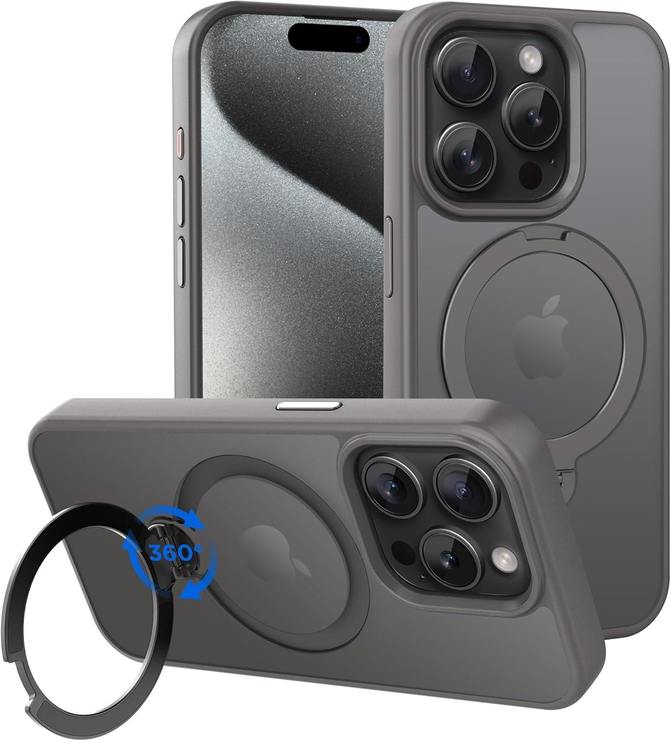 imageCACOE Magnetic Case for iPhone 16 61 inch with 360 Rotatable Ring Stand Compatible with MagSafe Car Phone Mount Cases Cover Phone Holder for Desk MeetingVideosMatte BlackLight Gray