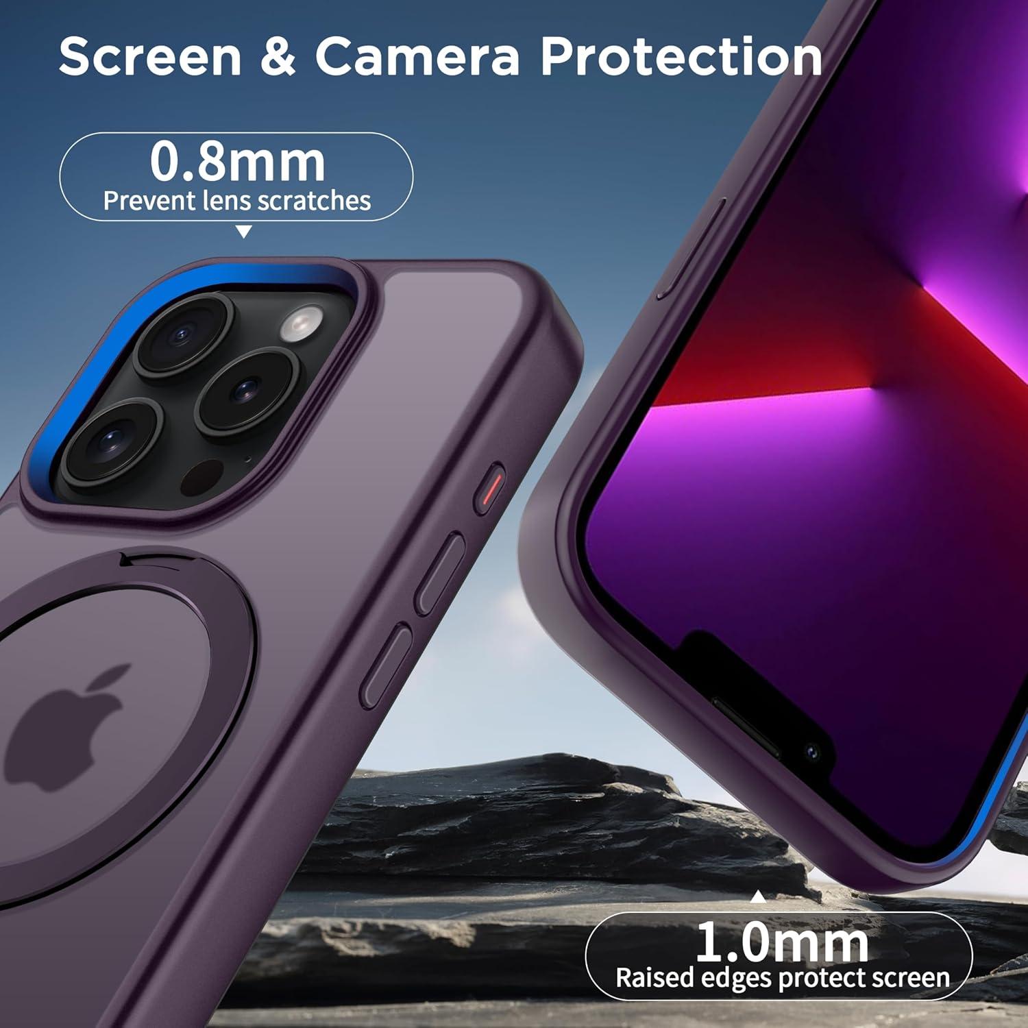 imageCACOE Magnetic Case for iPhone 16 61 inch with 360 Rotatable Ring Stand Compatible with MagSafe Car Phone Mount Cases Cover Phone Holder for Desk MeetingVideosMatte BlackDark Purple