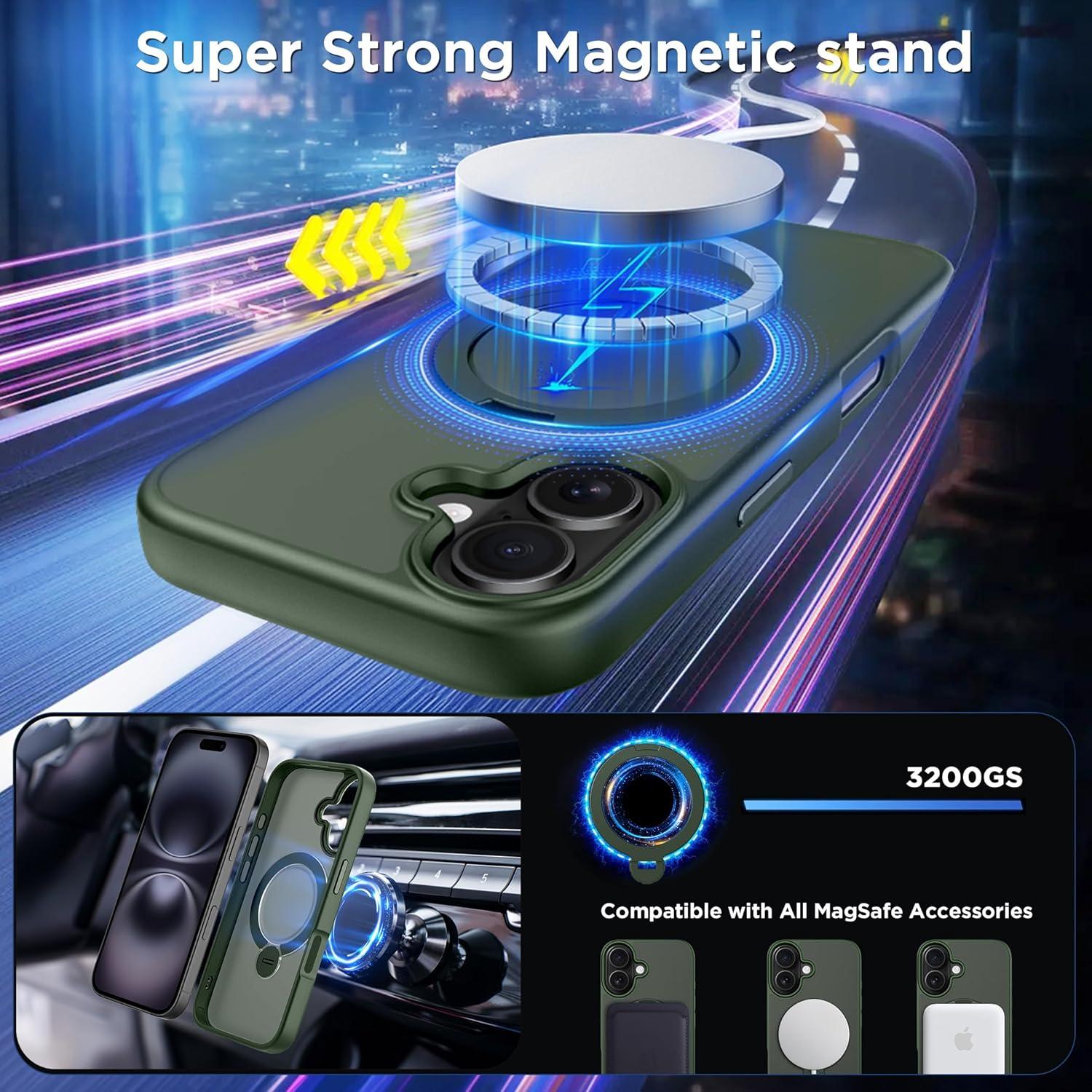 imageCACOE Magnetic Case for iPhone 16 61 inch with 360 Rotatable Ring Stand Compatible with MagSafe Car Phone Mount Cases Cover Phone Holder for Desk MeetingVideosMatte BlackDark Green