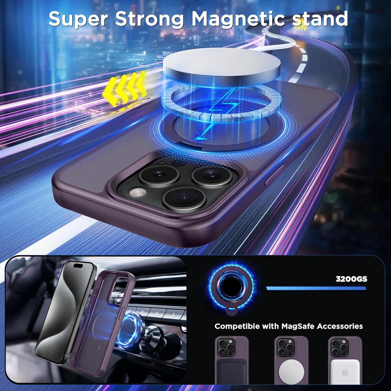 imageCACOE Magnetic Case for iPhone 16 61 inch with 360 Rotatable Ring Stand Compatible with MagSafe Car Phone Mount Cases Cover Phone Holder for Desk MeetingVideosMatte BlackDark Purple